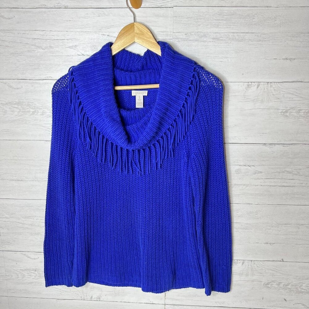 Chicos Sweater Womens Size 1/M Bright Blue/Purple Turtleneck Rabbit Hair Blend